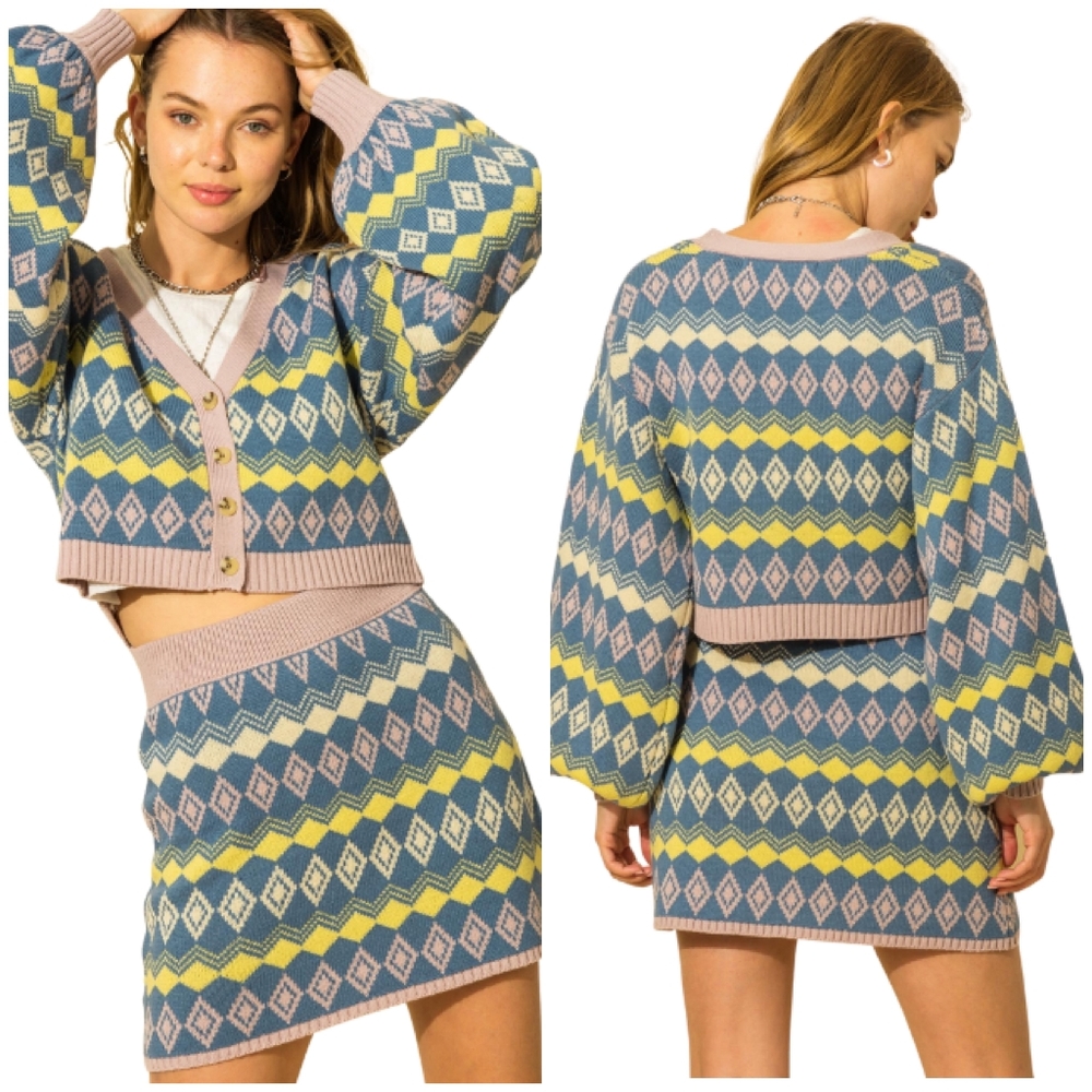 Vintage Chic Geometric Argyle Print Chic 2-Piece Sweater Skirt Set - Picture 3 of 7